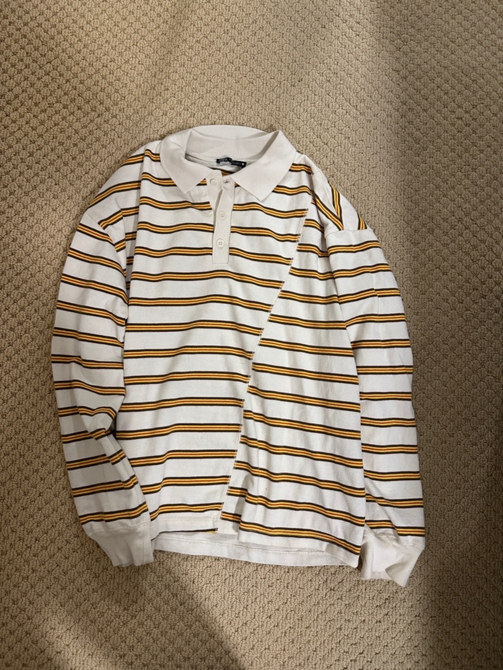 White Polo Shirt with Yellow & Brown Stripes